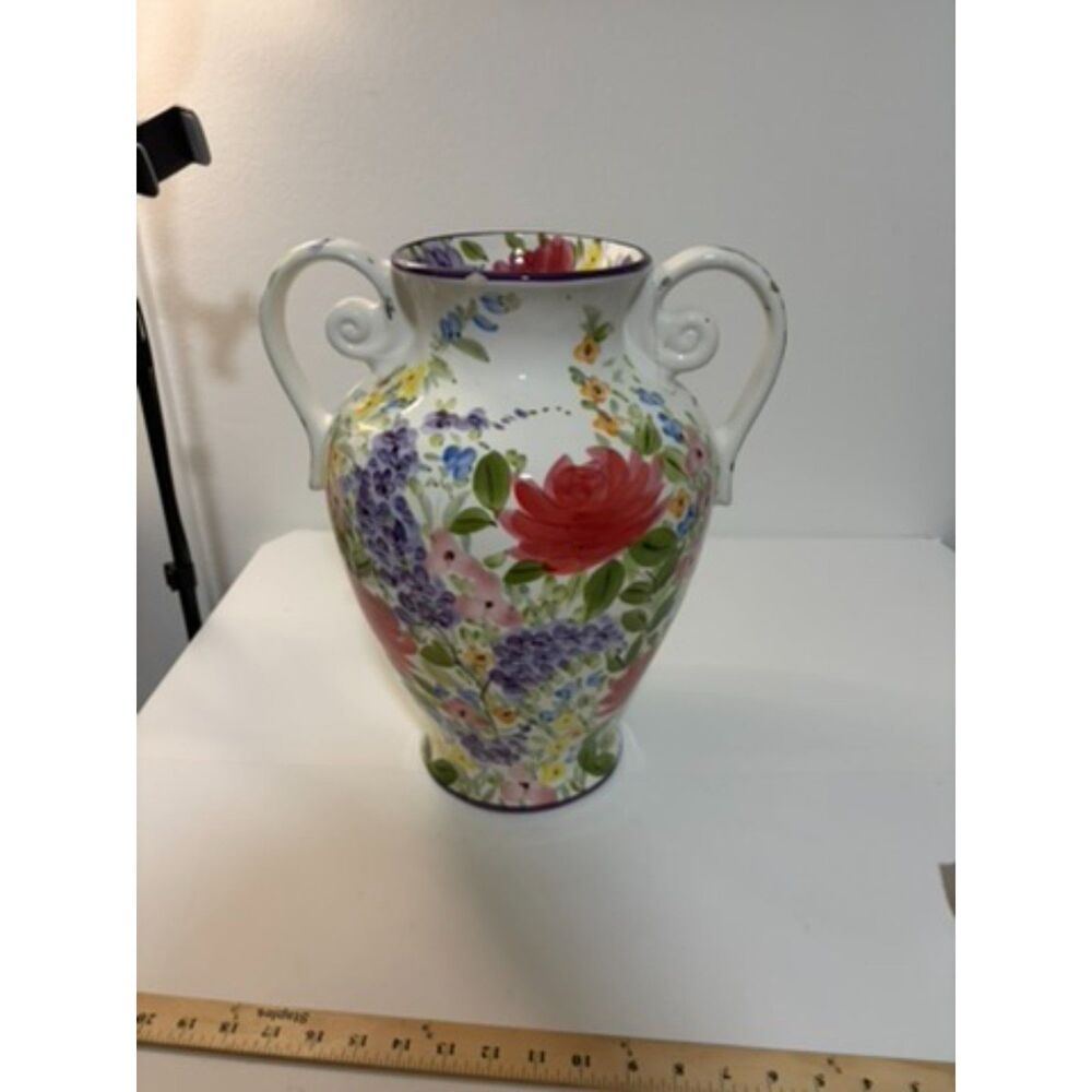Don Swanson "Fantasy Garden" 17" large floral vase with double handles